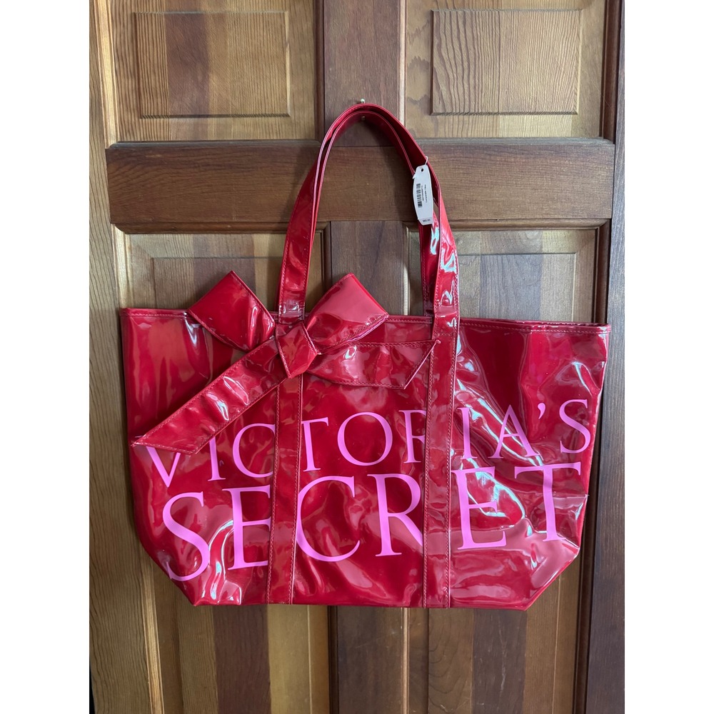 Victorias Secret Red Patent Bow Tote Bag Pink Logo Holiday Weekender NWT